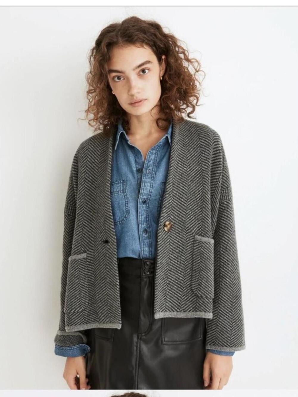 Madewell Herringbone Sweater Jacket Women XXS Gray Merino Wool Knit Blazer